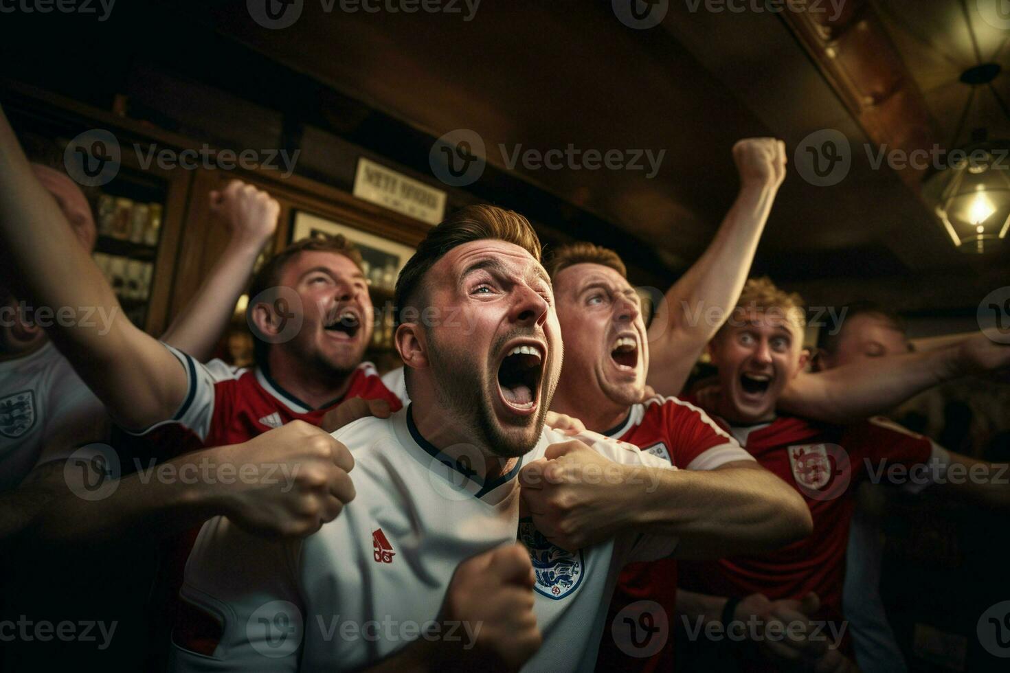 upphetsad England fotboll fläktar glädjande för deras team under en spel på stadion. ai genererad proffs Foto