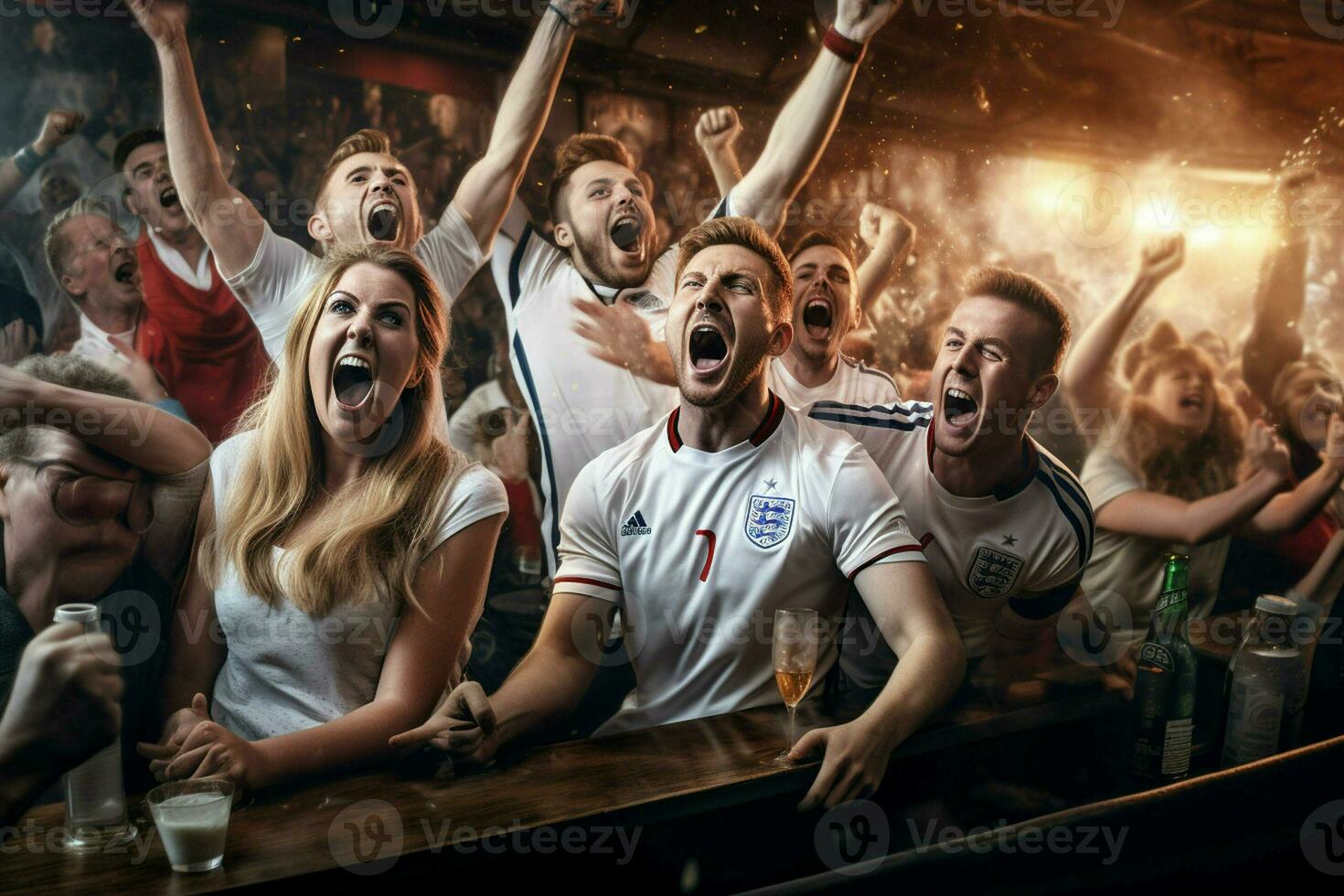 upphetsad England fotboll fläktar glädjande för deras team under en spel på stadion. ai genererad proffs Foto