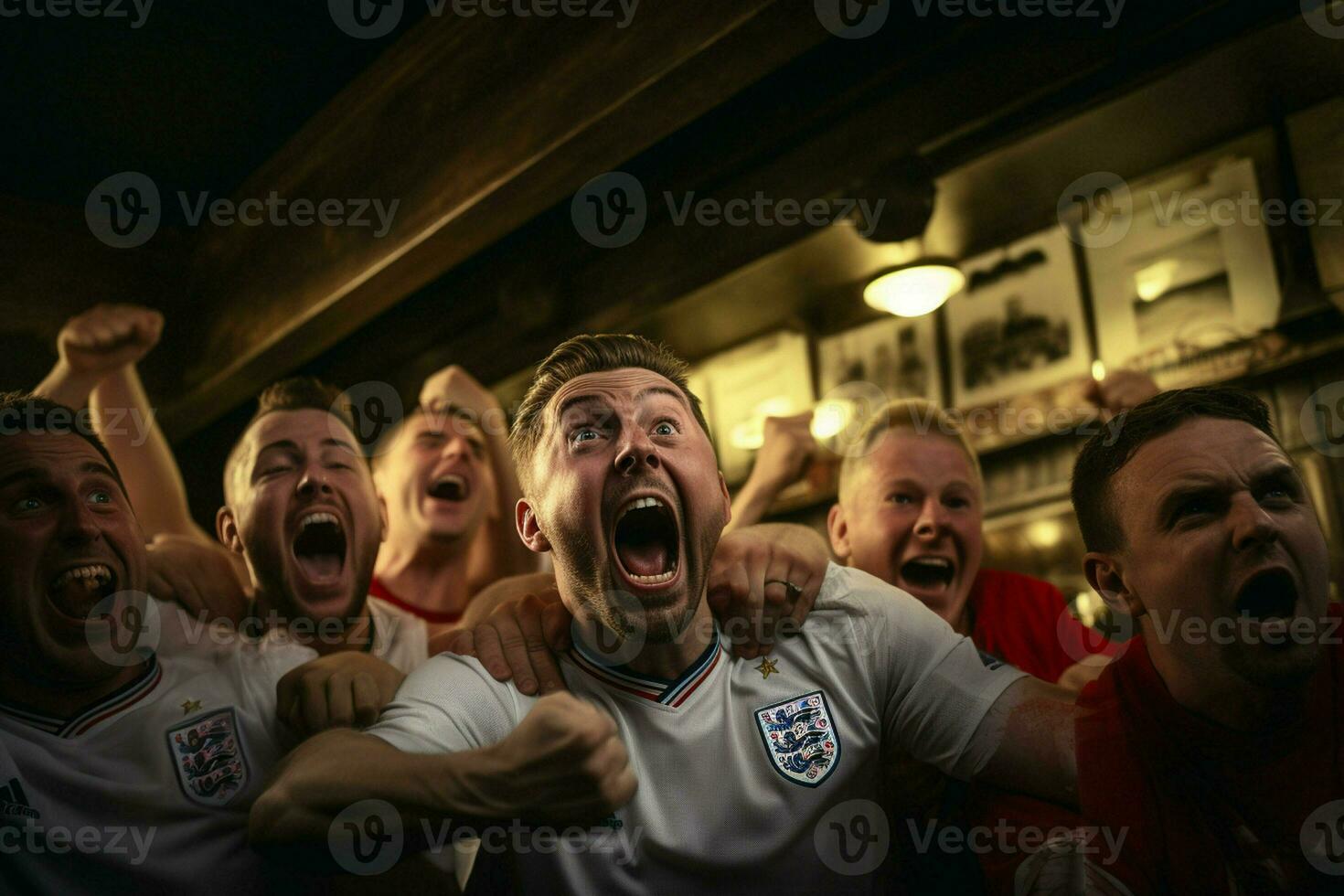 upphetsad England fotboll fläktar glädjande för deras team under en spel på stadion. ai genererad proffs Foto