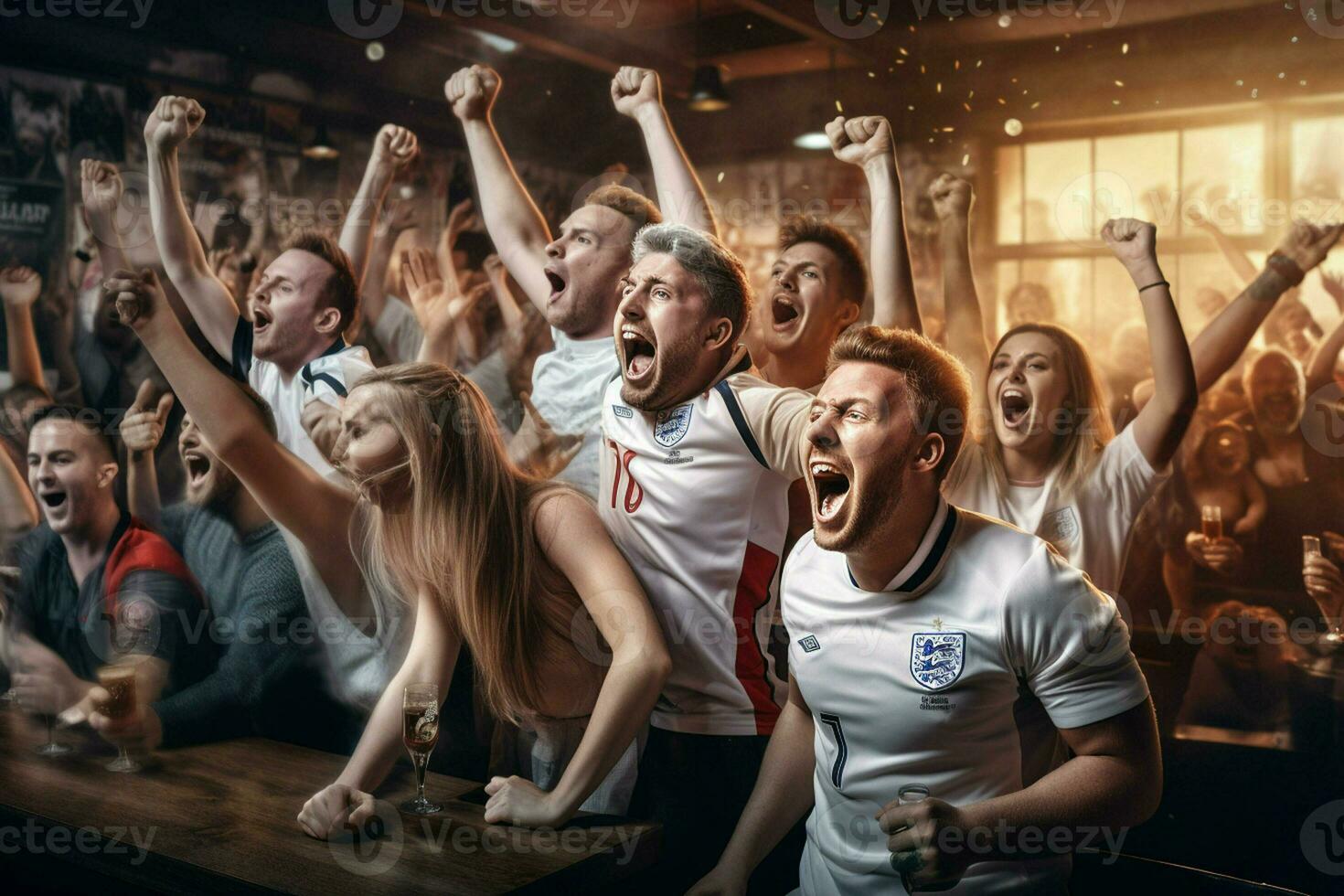 upphetsad England fotboll fläktar glädjande för deras team under en spel på stadion. ai genererad proffs Foto