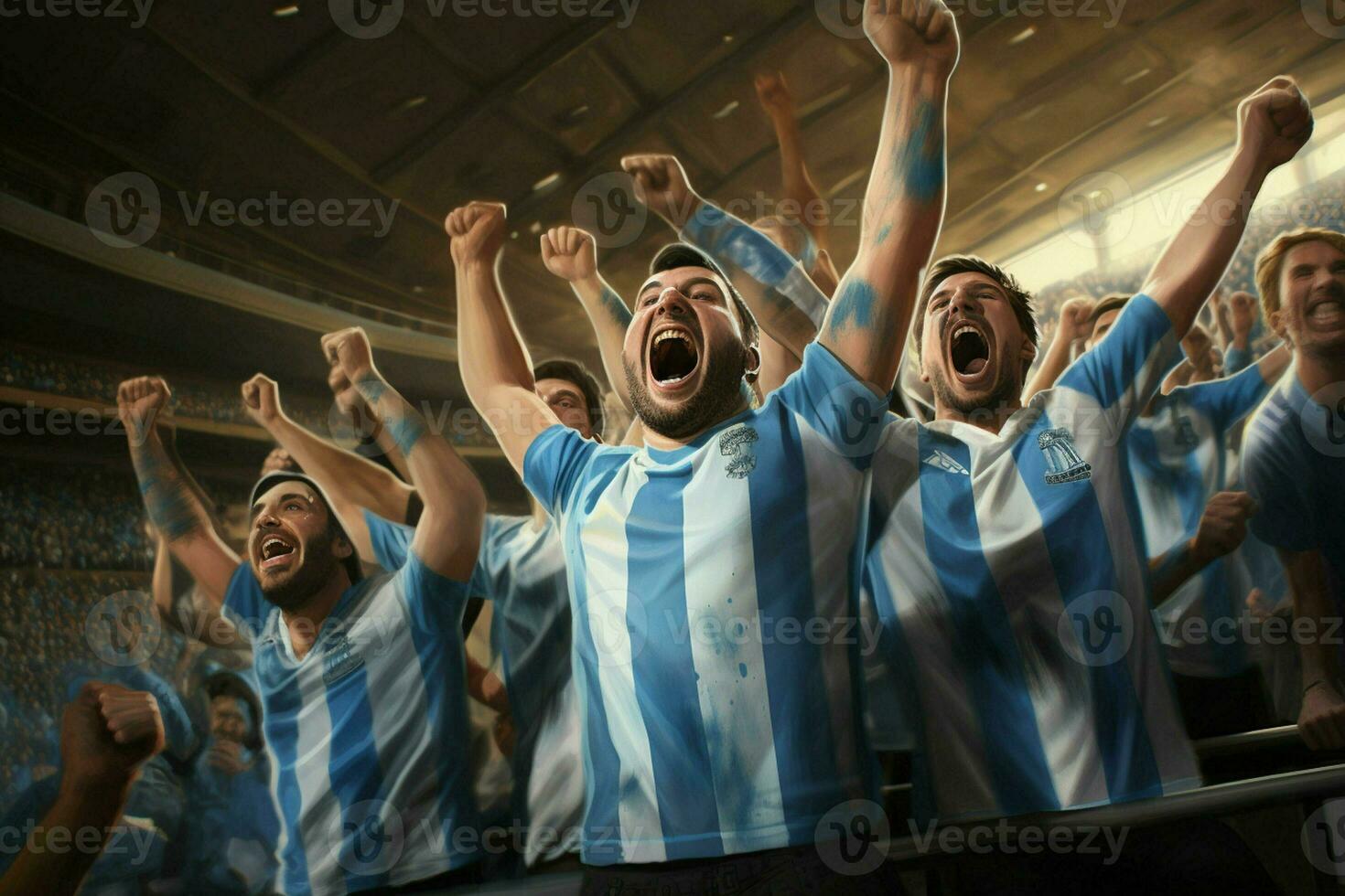 upphetsad argentina fotboll fläktar glädjande för deras team under en spel på stadion. ai genererad proffs Foto