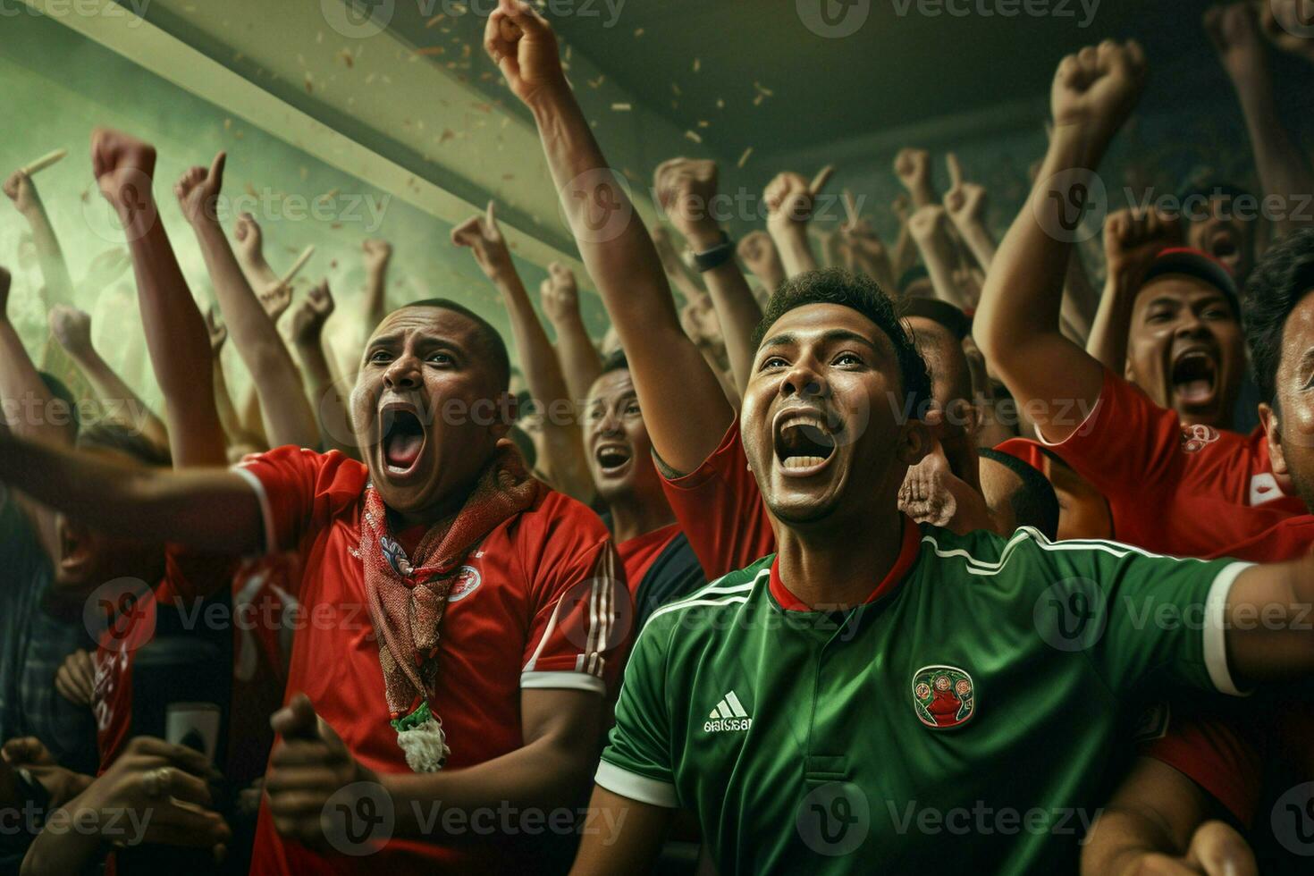 upphetsad bangladesh fotboll fläktar glädjande för deras team under en spel på stadion. ai genererad proffs Foto