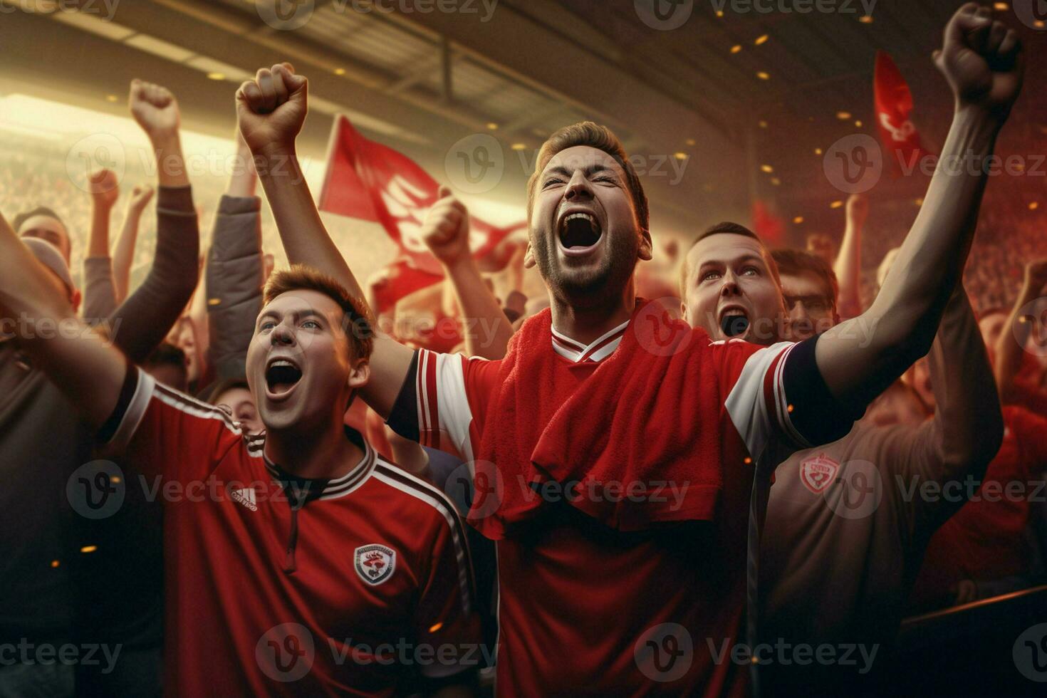 upphetsad kanada fotboll fläktar glädjande för deras team under en spel på stadion. ai genererad proffs Foto