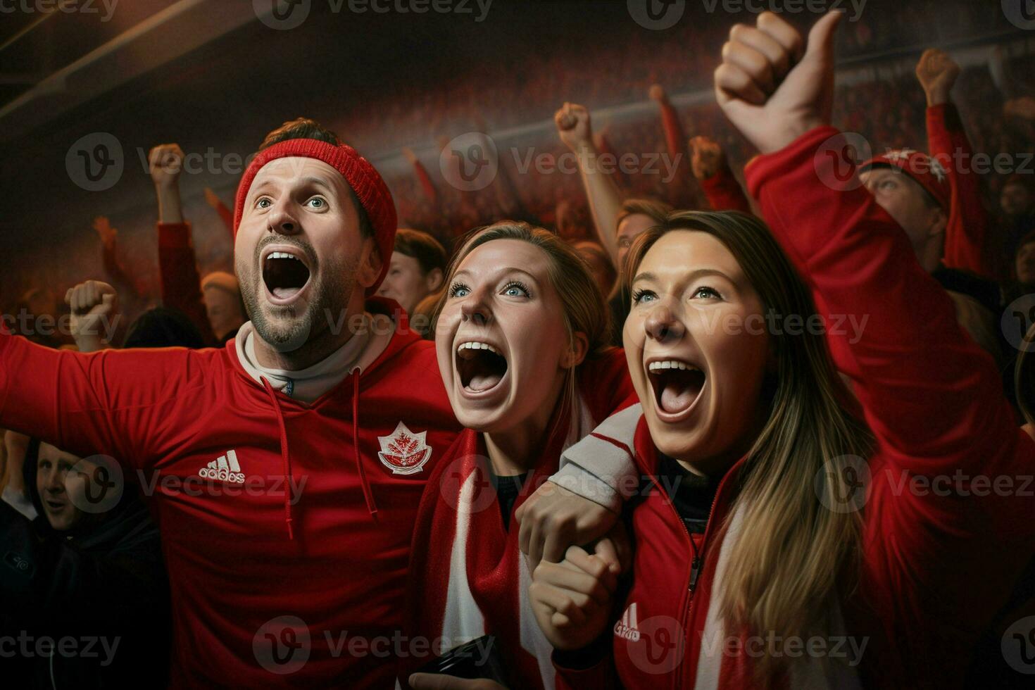 upphetsad kanada fotboll fläktar glädjande för deras team under en spel på stadion. ai genererad proffs Foto