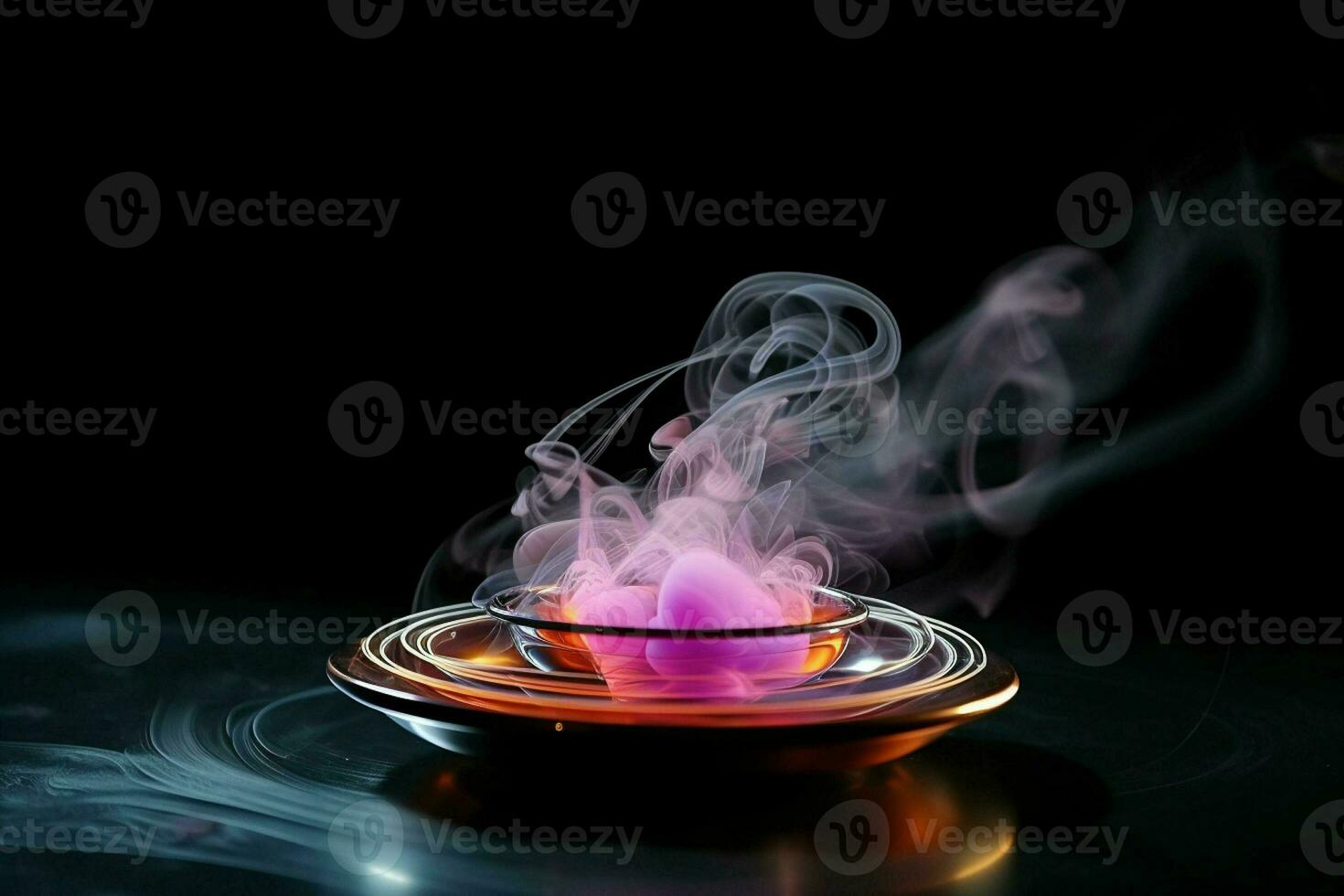 rökelse i en skål på en svart bakgrund med rök och brand. ai genererad proffs Foto