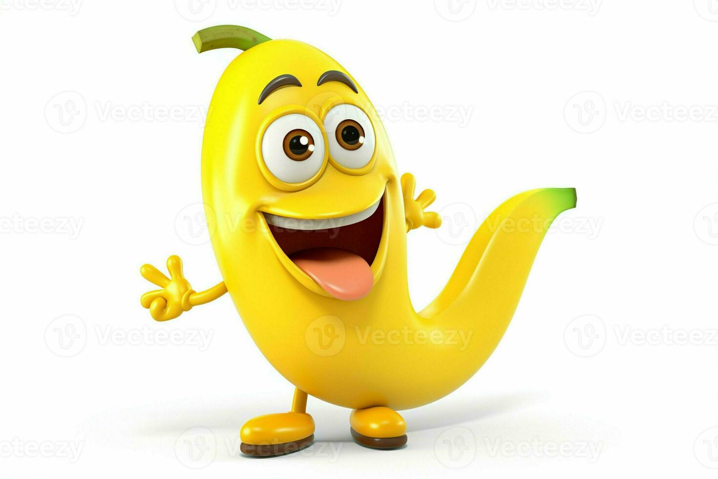 rolig gul banan karaktär på en vit bakgrund. 3d illustration. ai genererad proffs Foto