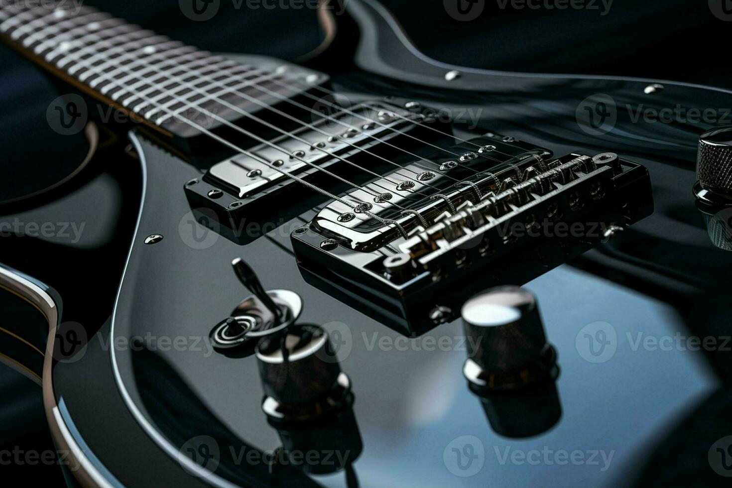 stänga upp av svart elektrisk gitarr. ai genererad proffs Foto