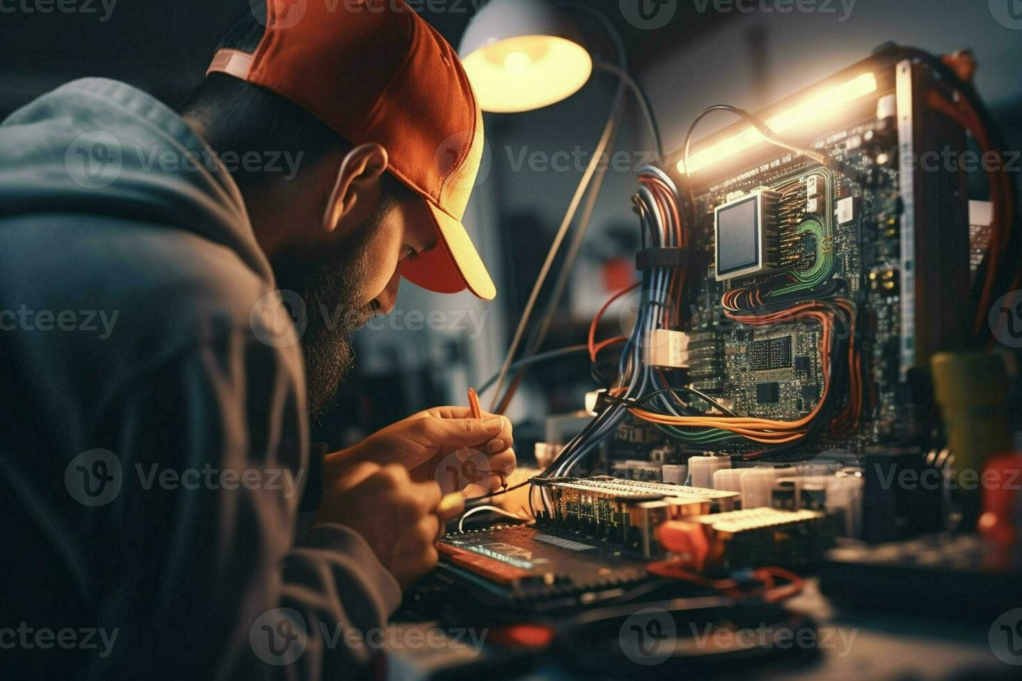 reparatör reparation elektronisk krets styrelse i de verkstad på natt. ai genererad proffs Foto