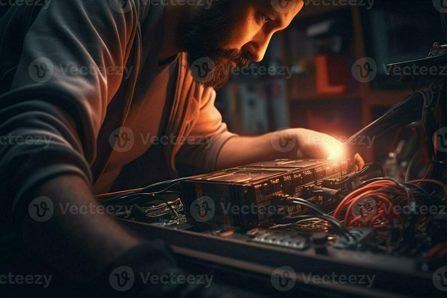 reparatör reparation elektronisk krets styrelse i de verkstad på natt. ai genererad proffs Foto