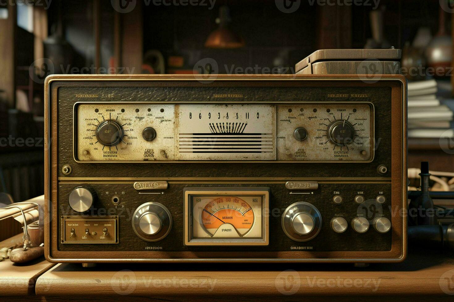årgång radio på en trä- tabell i de interiör av de rum, årgång stil. retro radio. ai genererad proffs Foto