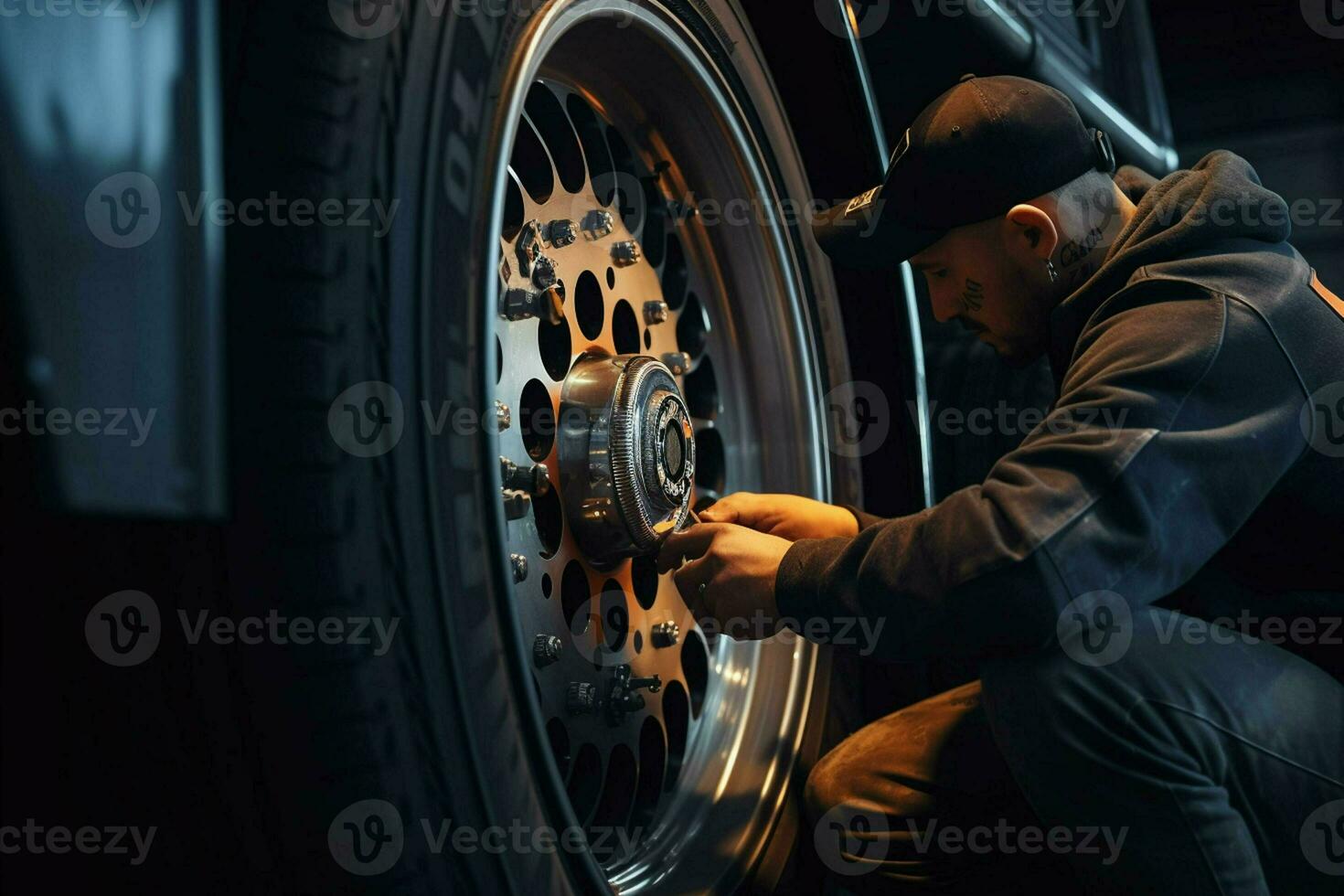 bil mekaniker ändring en bil däck på en bil reparera service station. mekaniker ändring en bil hjul med en rycka i en garage. ai genererad proffs Foto