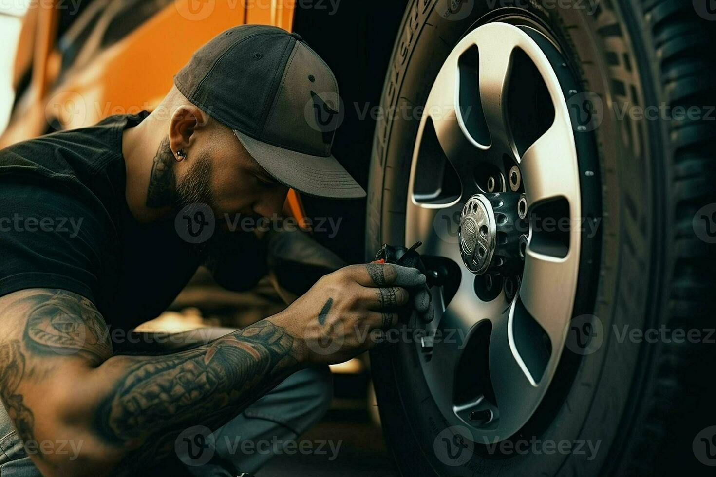 bil mekaniker ändring en bil däck på en bil reparera service station. mekaniker ändring en bil hjul med en rycka i en garage. ai genererad proffs Foto