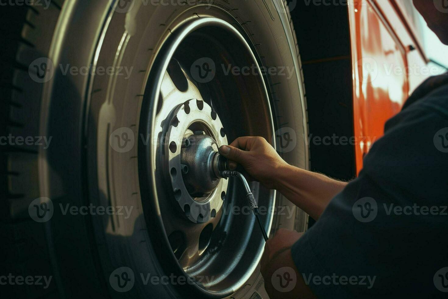 bil mekaniker ändring en bil däck på en bil reparera service station. mekaniker ändring en bil hjul med en rycka i en garage. ai genererad proffs Foto