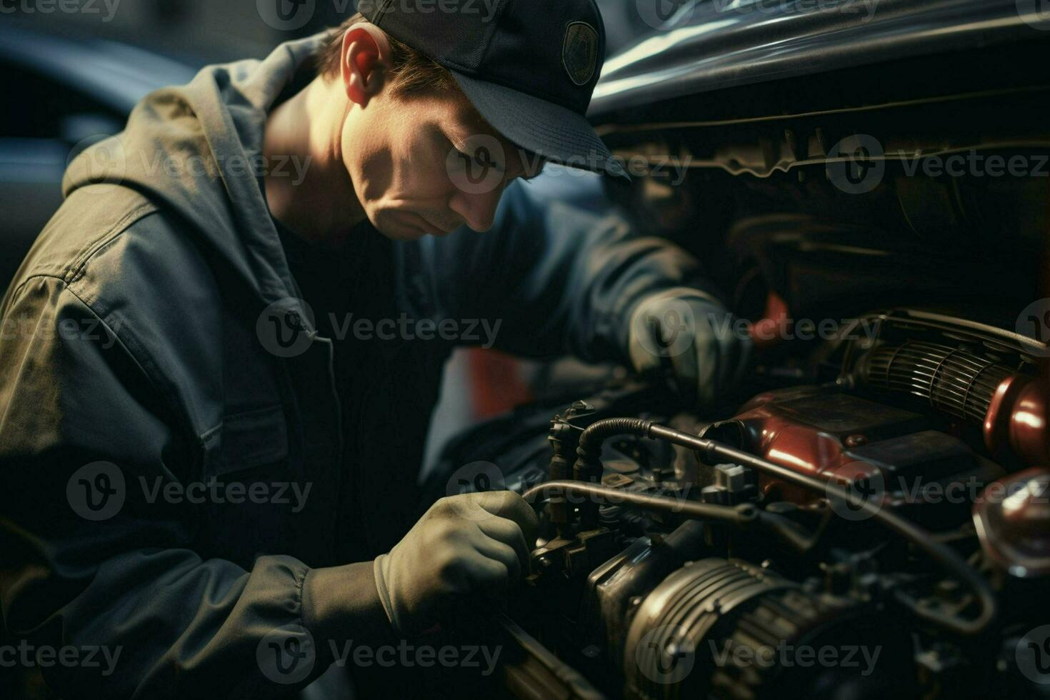 professionell mekaniker arbetssätt i bil reparera affär. stilig ung caucasian man i enhetlig reparation en bil. ai genererad proffs Foto