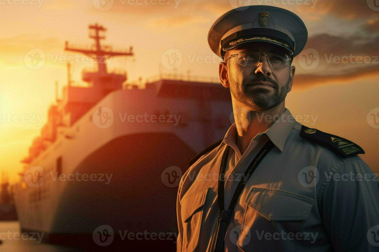 porträtt av självsäker manlig pilot stående med händer på höfter och ser på kamera medan stående mot frakt fartyg på solnedgång. ai genererad proffs Foto