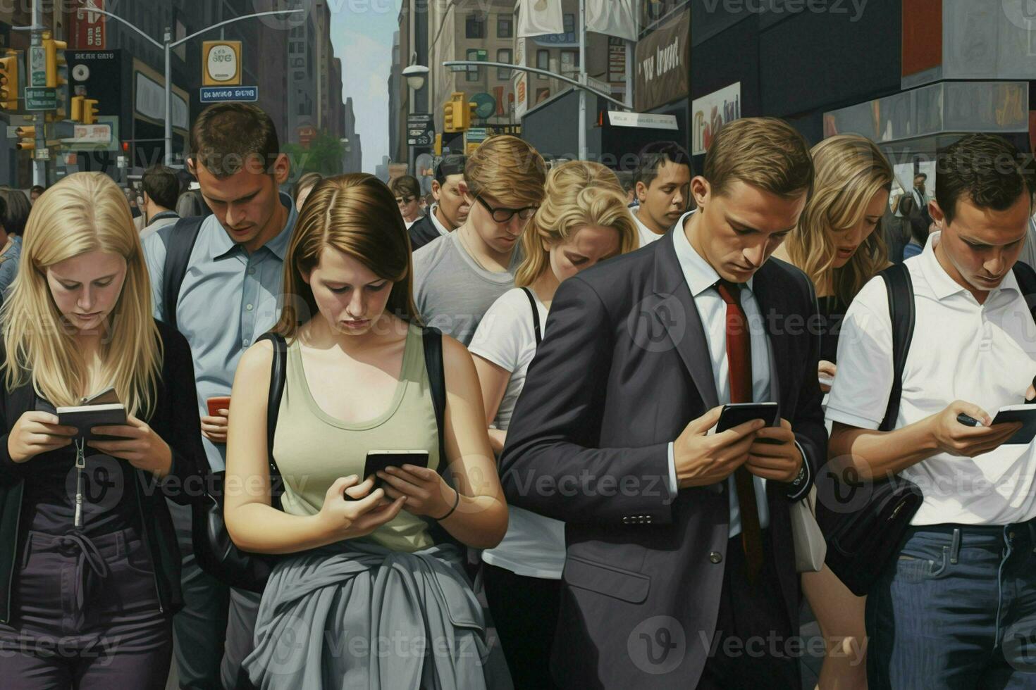 grupp av ung människor använder sig av deras smartphones i de gata. urban scen. ai genererad proffs Foto