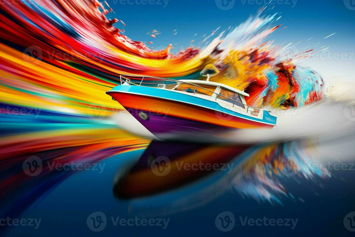 lyx Yacht i de hav på en mörk bakgrund, snabb motorbåt på de vatten med rörelse fläck effekt, extrem sport. ai genererad proffs Foto