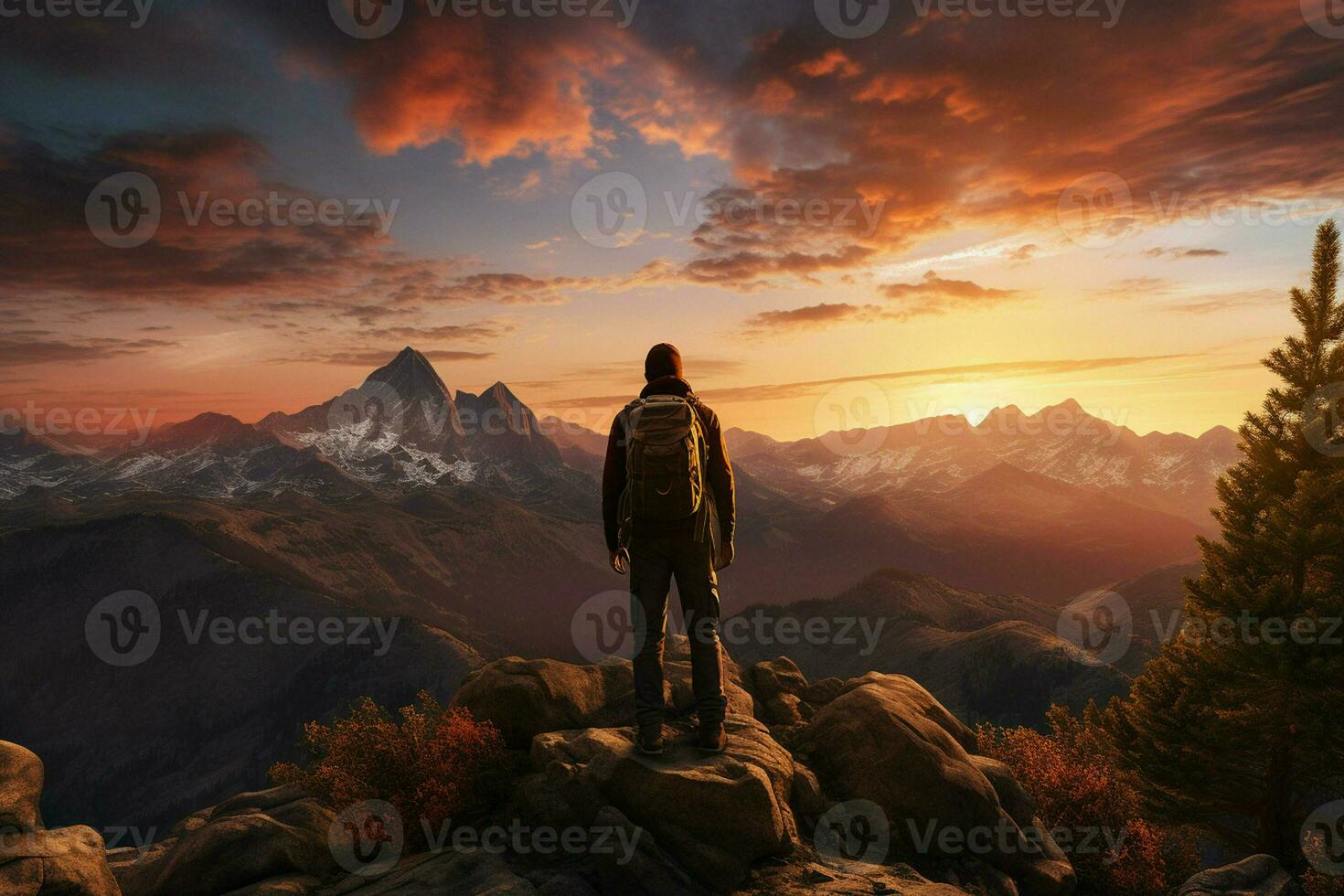 vandrare på de topp av de berg på solnedgång. resa och äventyr begrepp. ai genererad proffs Foto