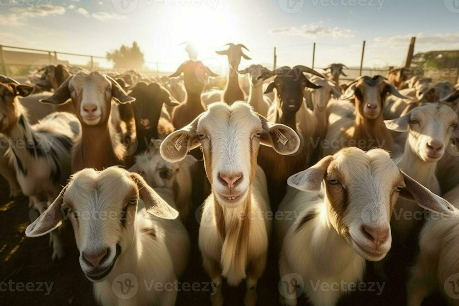 flock av vit get på en odla. besättning av get på en bruka i de sommar. selektiv fokus. ai genererad proffs Foto