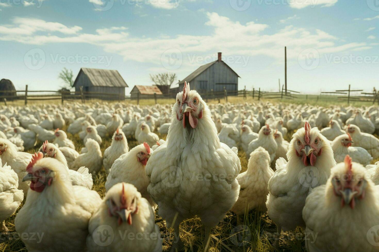 kycklingar på traditionell fri räckvidd fjäderfän odla. kycklingar på de odla. selektiv fokus. natur. ai genererad proffs Foto