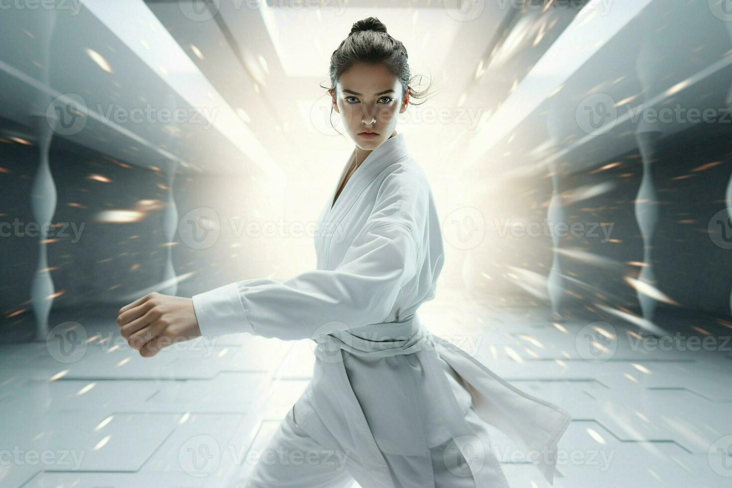 ung fast besluten karate kvinna i vit kimono stridande i trogen rum. ai genererad proffs Foto