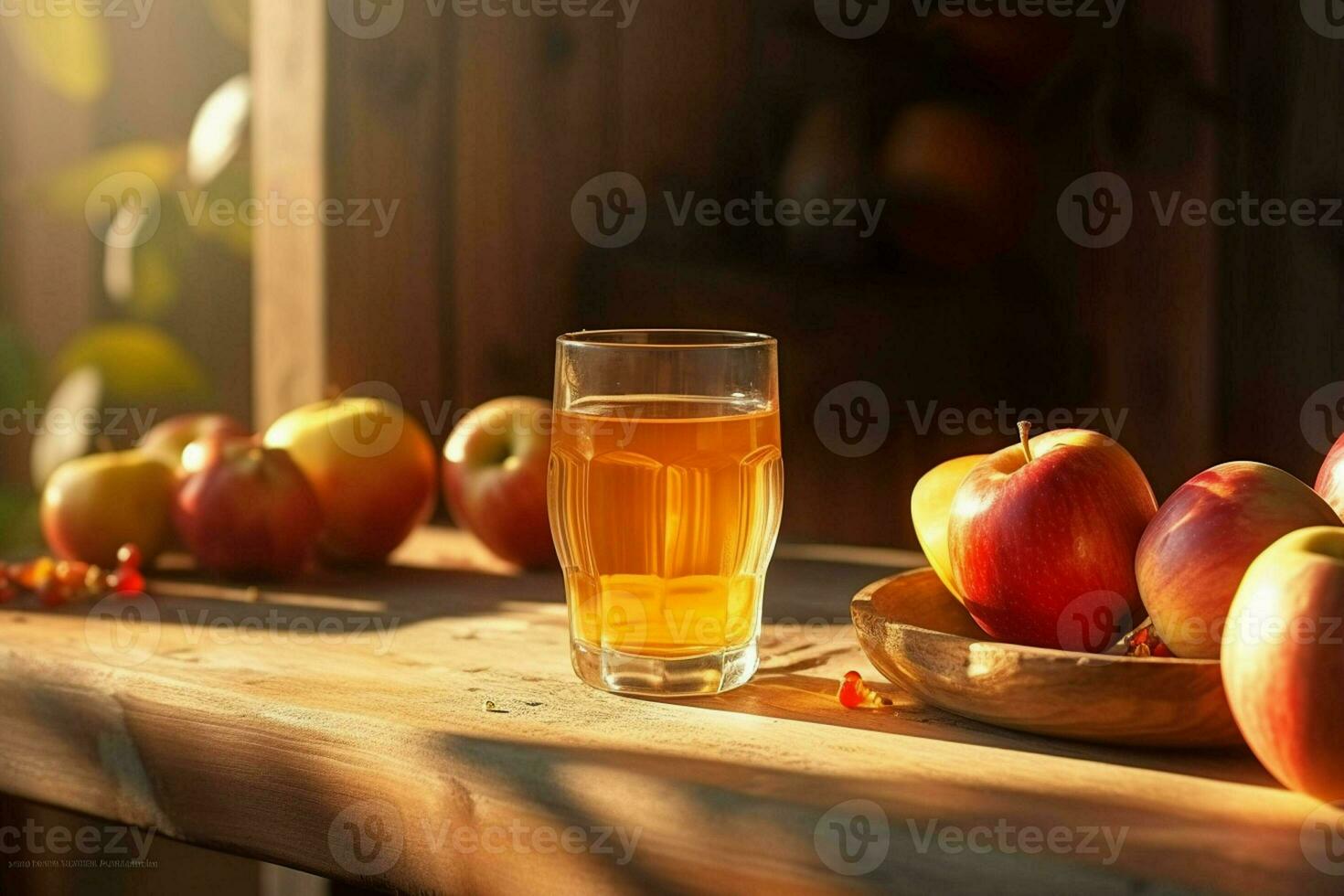 glas av äpple juice och mogen äpplen på trä- tabell mot naturlig bakgrund. ai genererad proffs Foto