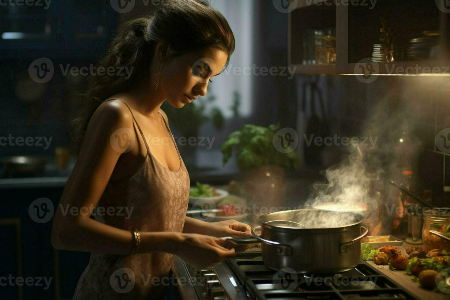 skön ung kvinna matlagning i de kök på Hem. friska mat begrepp. ai genererad proffs Foto
