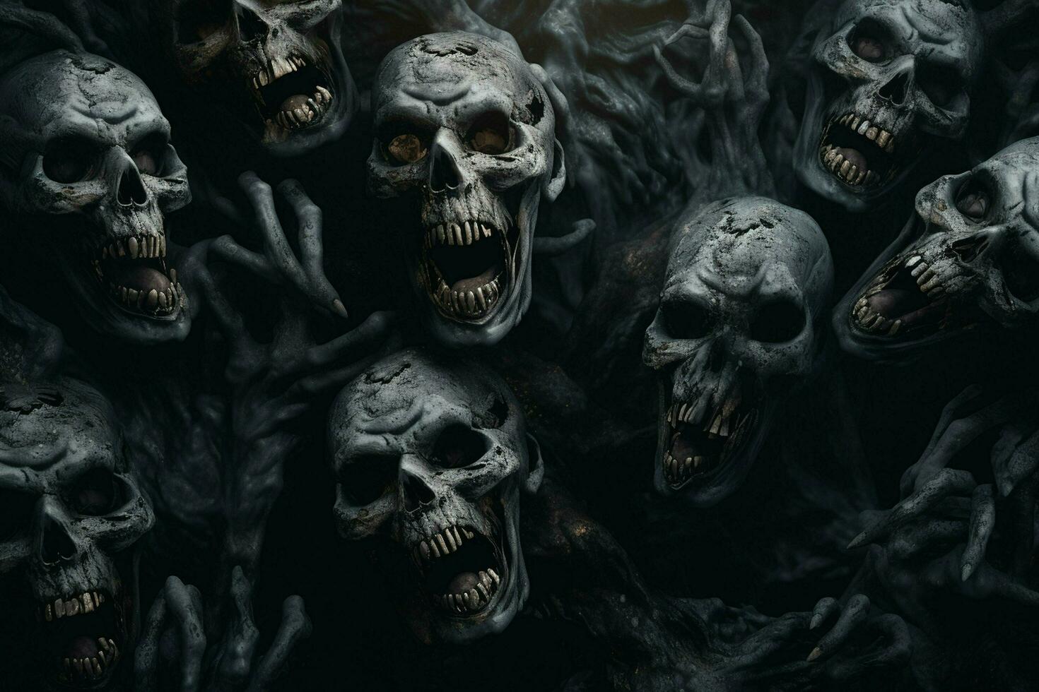skrämmande skrämmande halloween bakgrund med svart och vit skrämmande skallar. skallar på svart bakgrund. halloween begrepp. ai genererad fri Foto