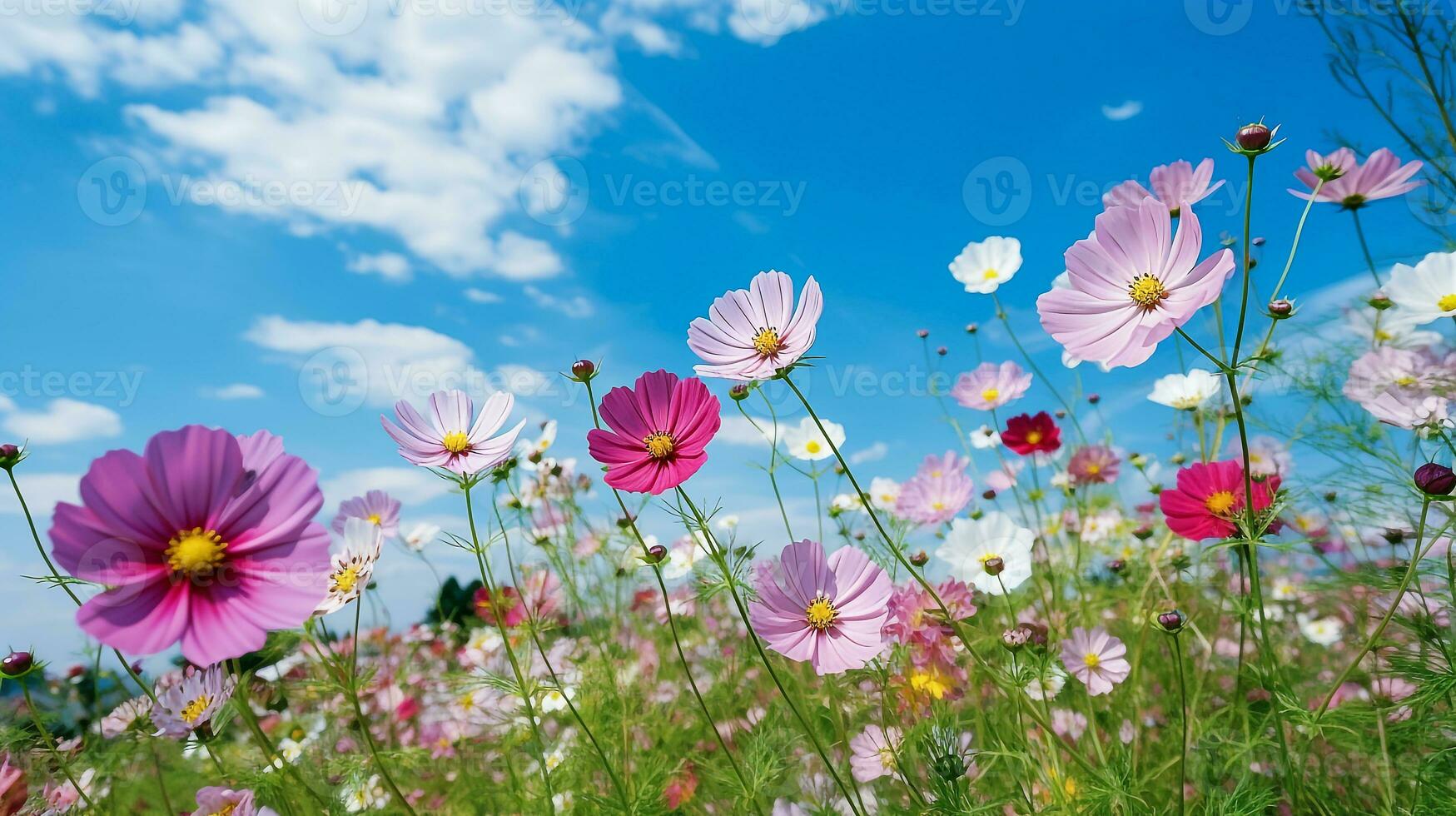 färgrik kosmos blomma äng i vår med blå himmel.generativ ai. foto