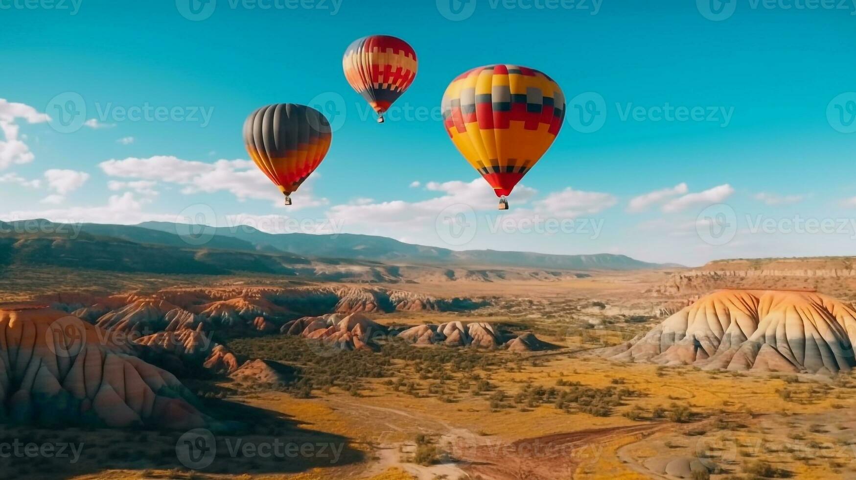 färgrik varm luft ballonger flyta över berg med blå himmel.generativ ai. foto