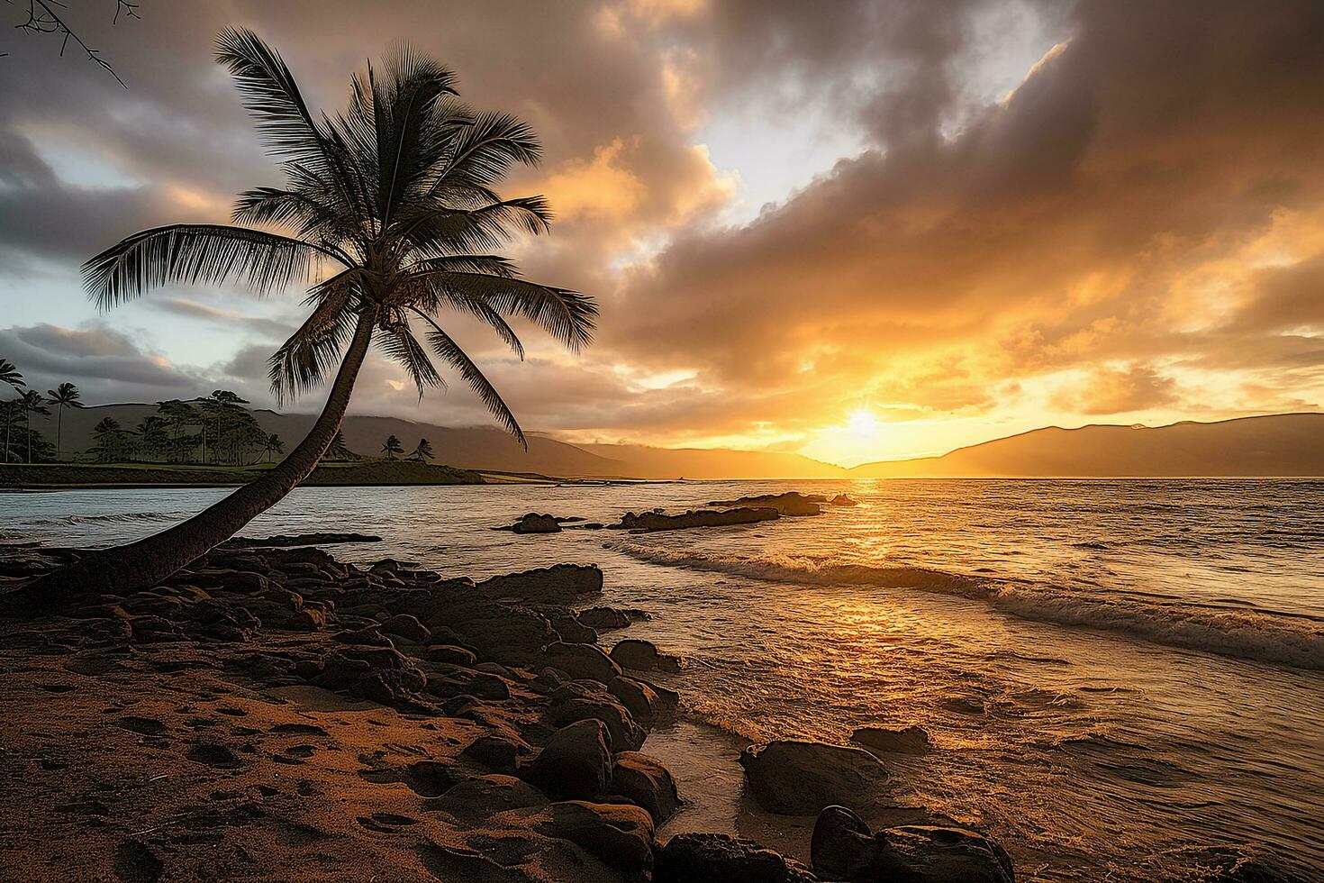 soluppgång hawaii med kokos träd.generativ ai. foto