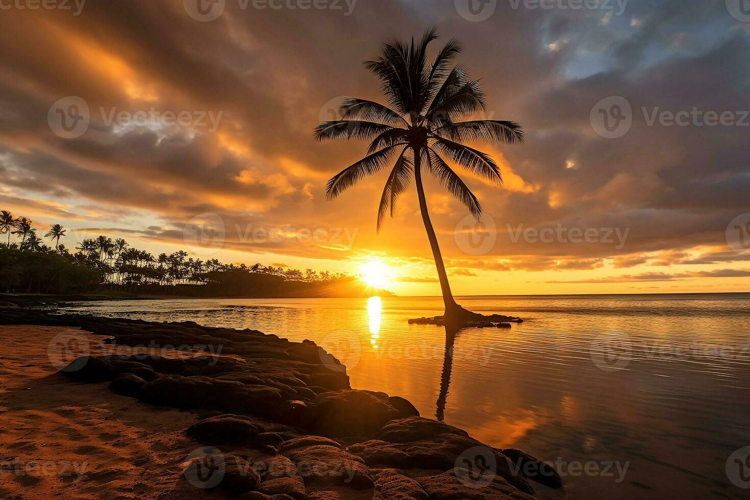 soluppgång hawaii med kokos träd.generativ ai. foto