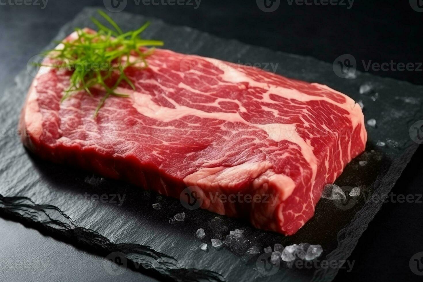 rå wagyu kött på svart sten bakgrund.generativ ai. foto