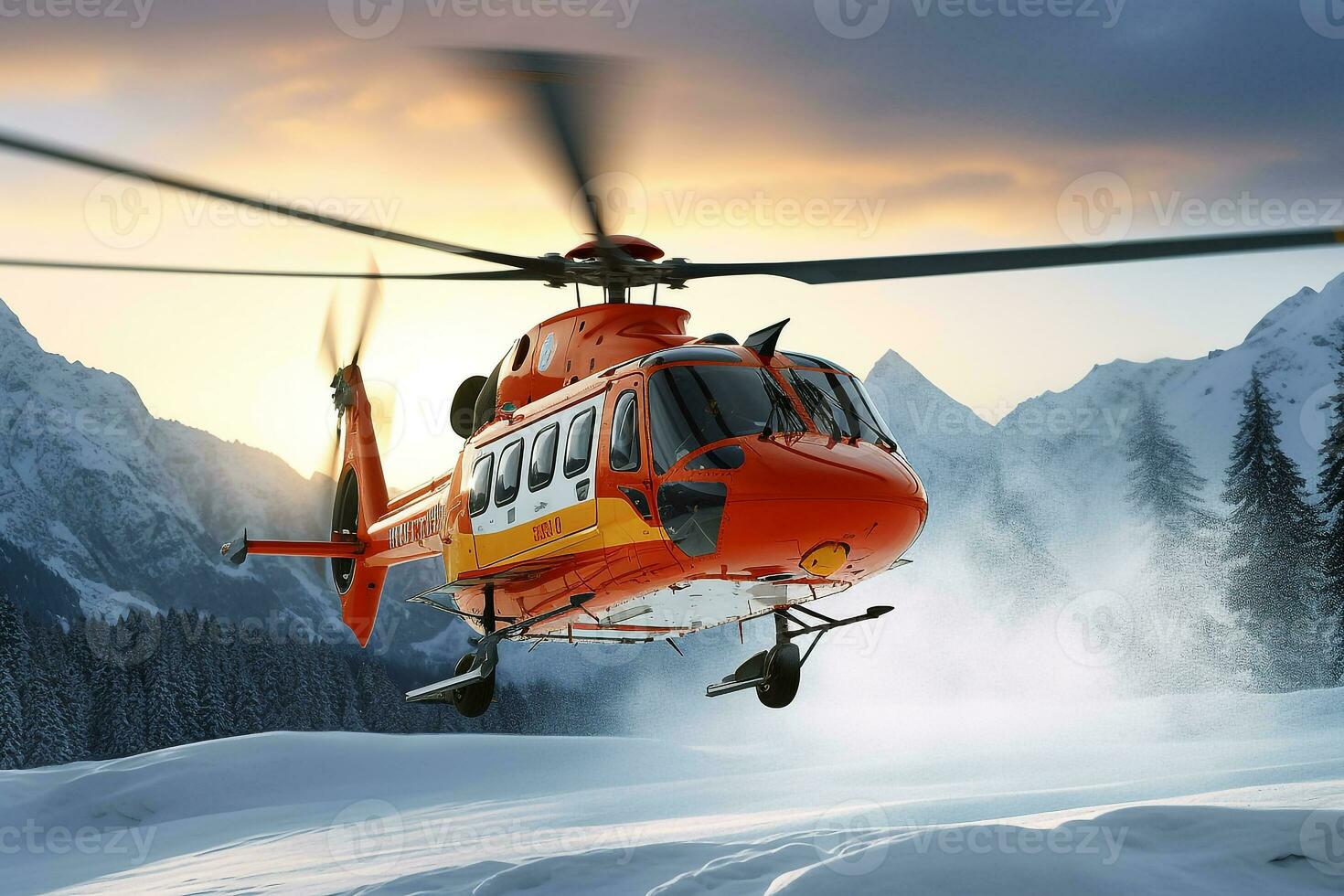 snö berg rädda helikopter är tar off.generative ai. foto