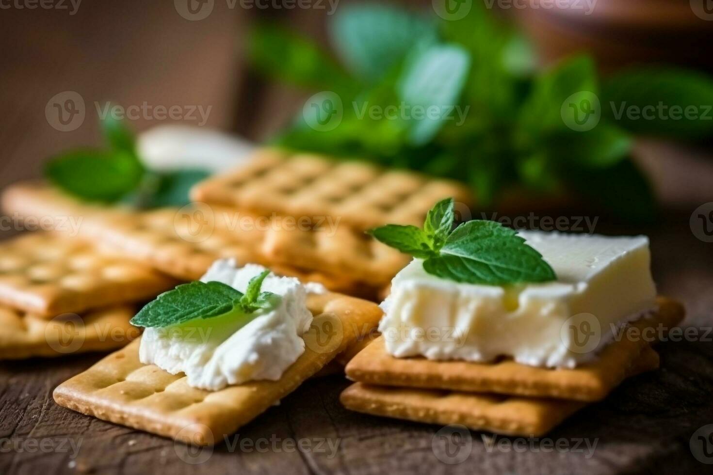 crackers med grädde ost ,mynta blad i de trä- bakgrund foto