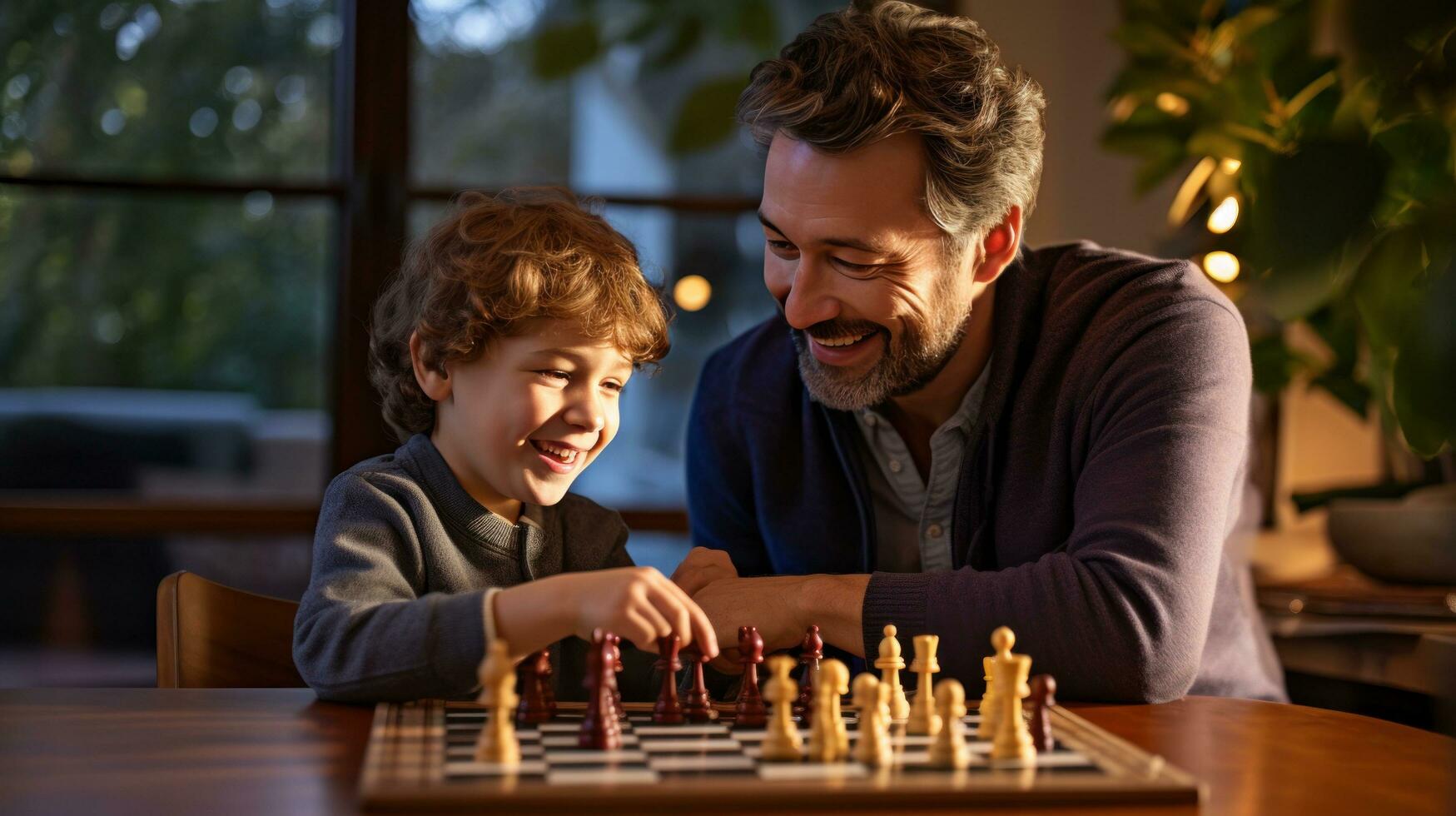 pappa och barn spelar schack foto