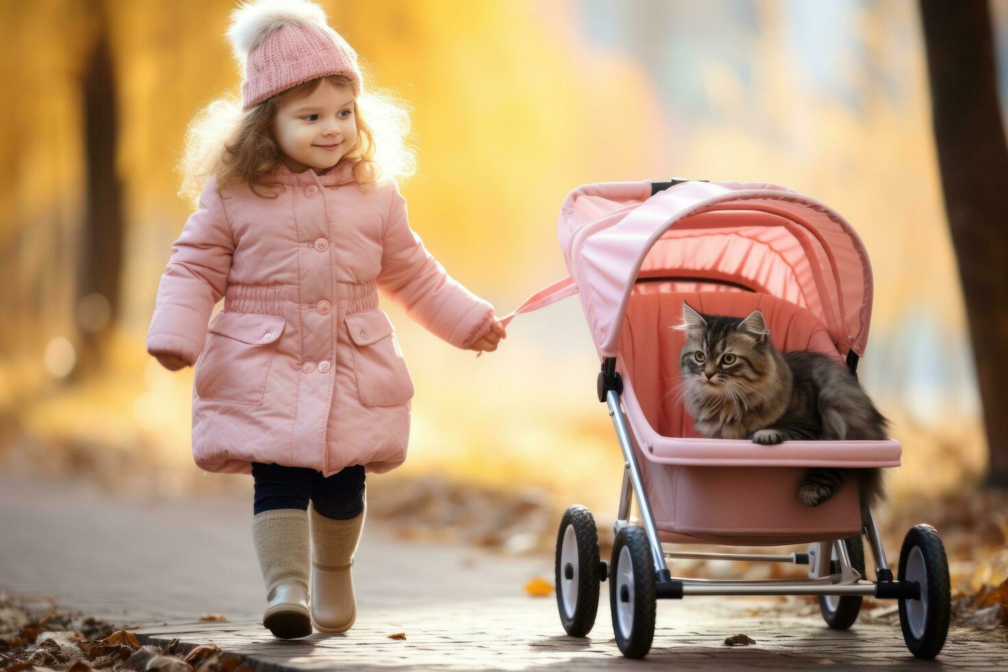 liten flicka skjuter en katt i en rosa leksak sittvagn foto