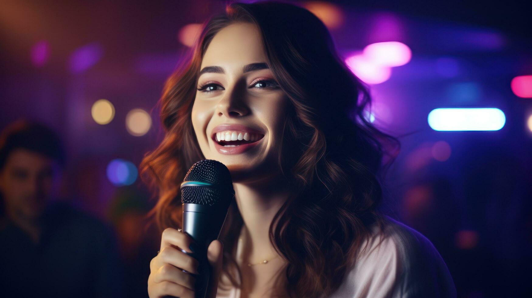 skön flicka i karaoke klubb foto