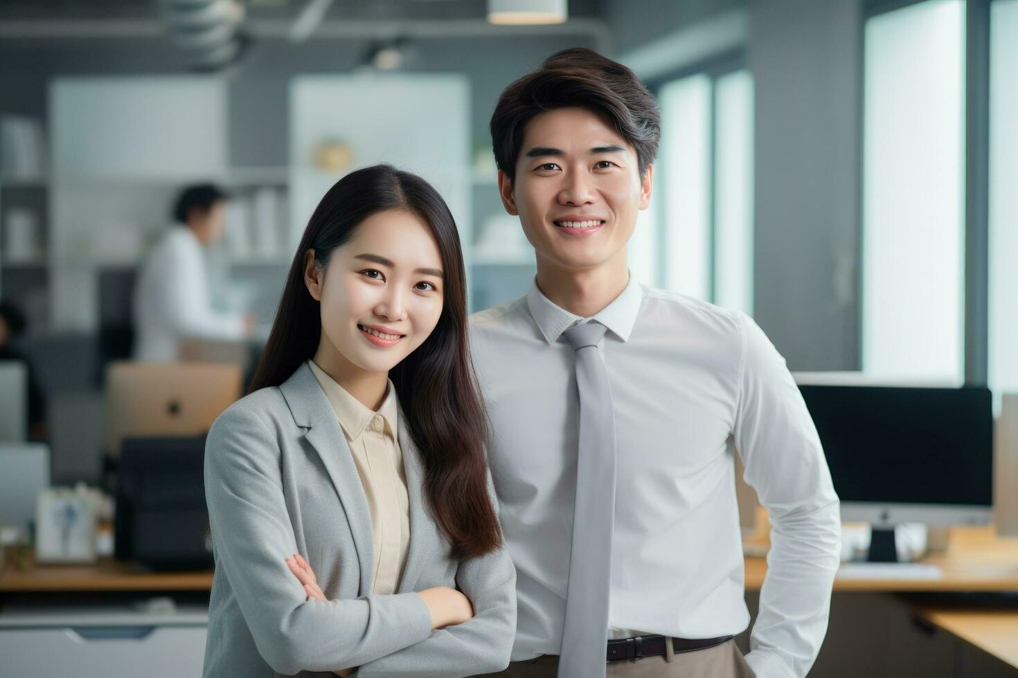 ung vuxen par är leende Lycklig i kontor porträtt foto