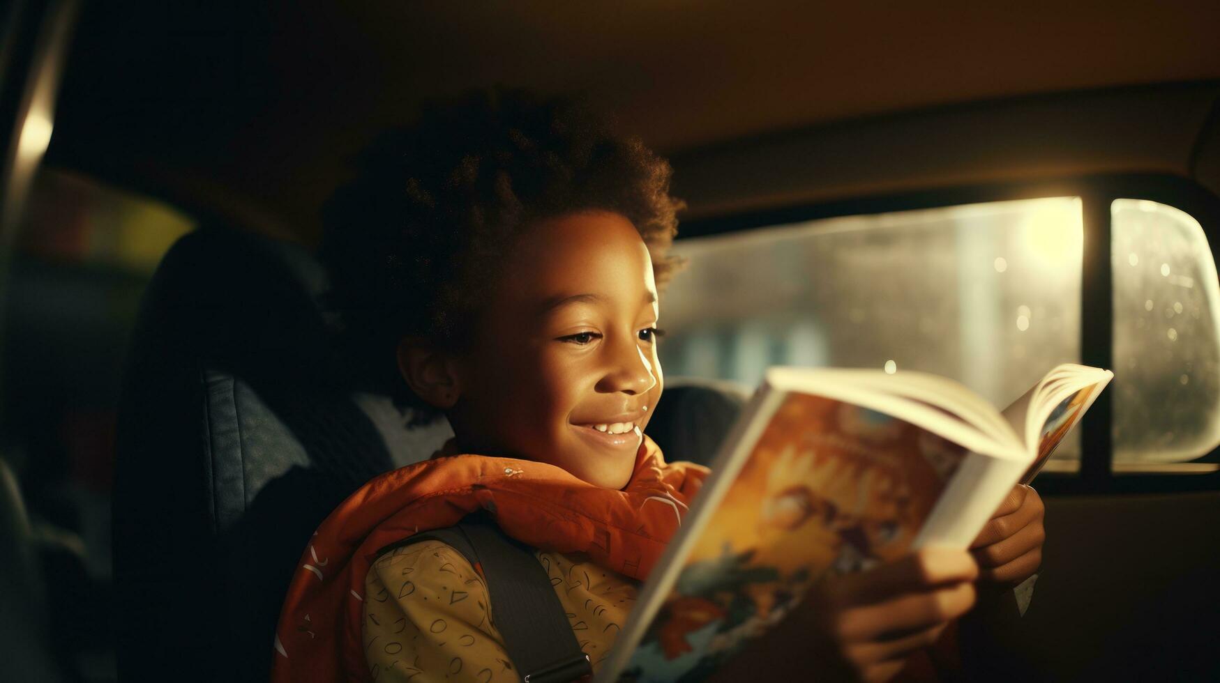 liten pojke läsning en tidskrift i en bil foto