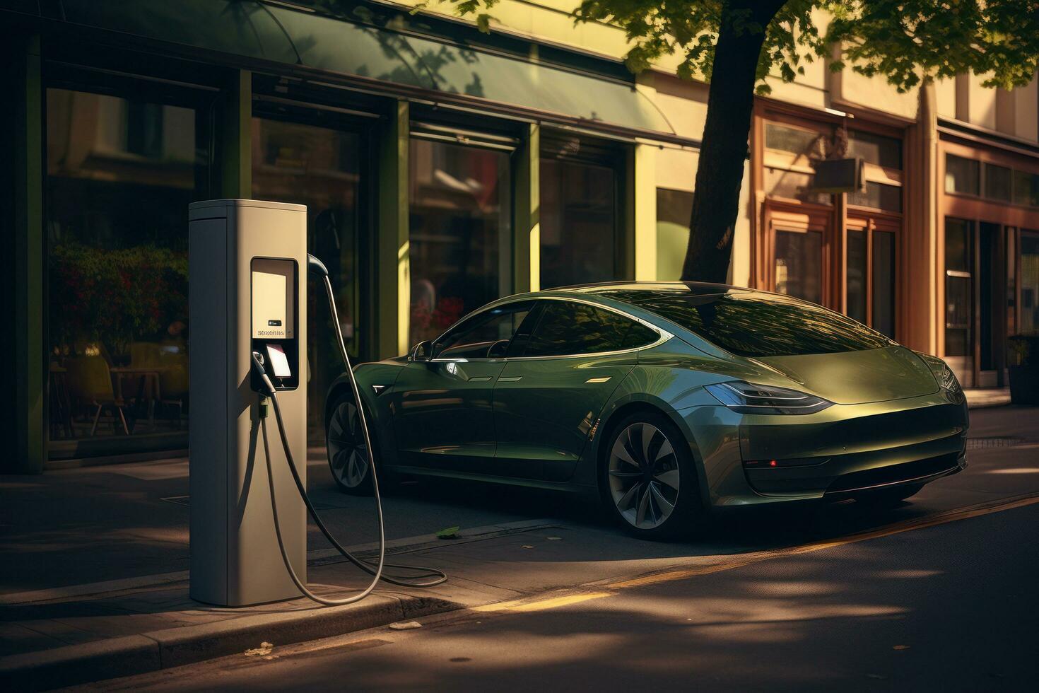 ett elektrisk bil laddad på en station foto