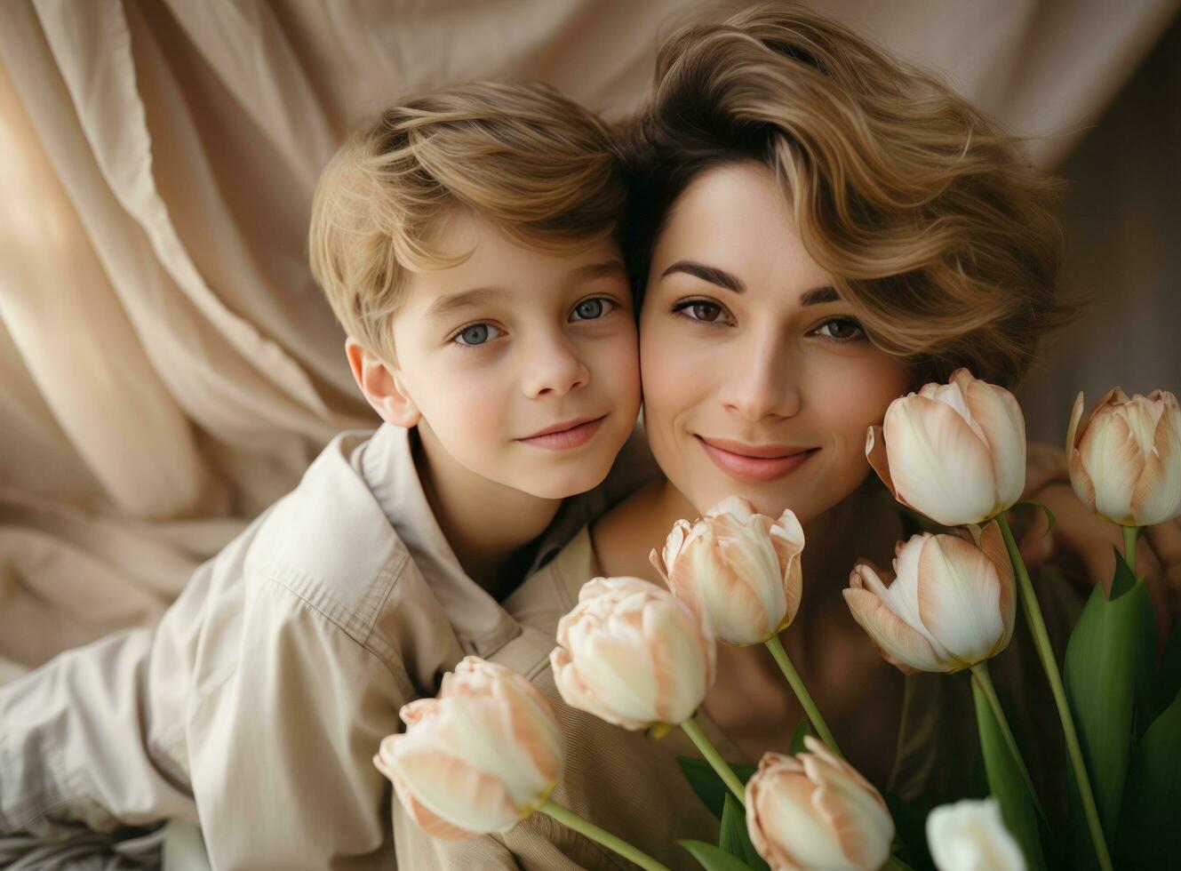 mor med son med blommor foto