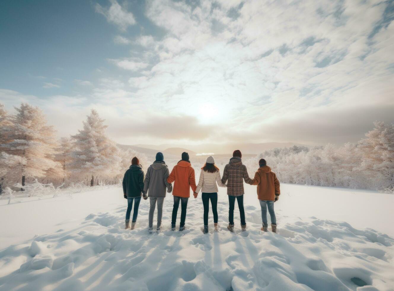 vänskap grupp gående tillsammans med vapen upp på snöig berg sten foto