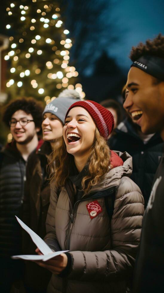 glad grupp caroling i de grannskap foto