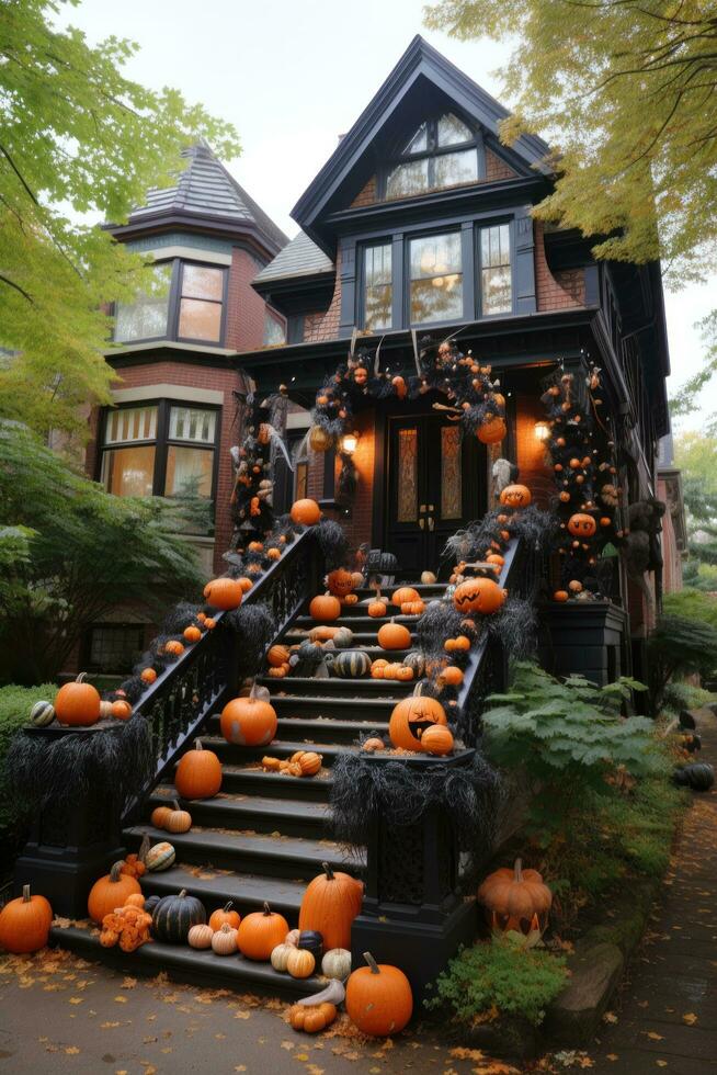 halloween dekorationer, läskigt jack-o-lanterns, besatt hus foto