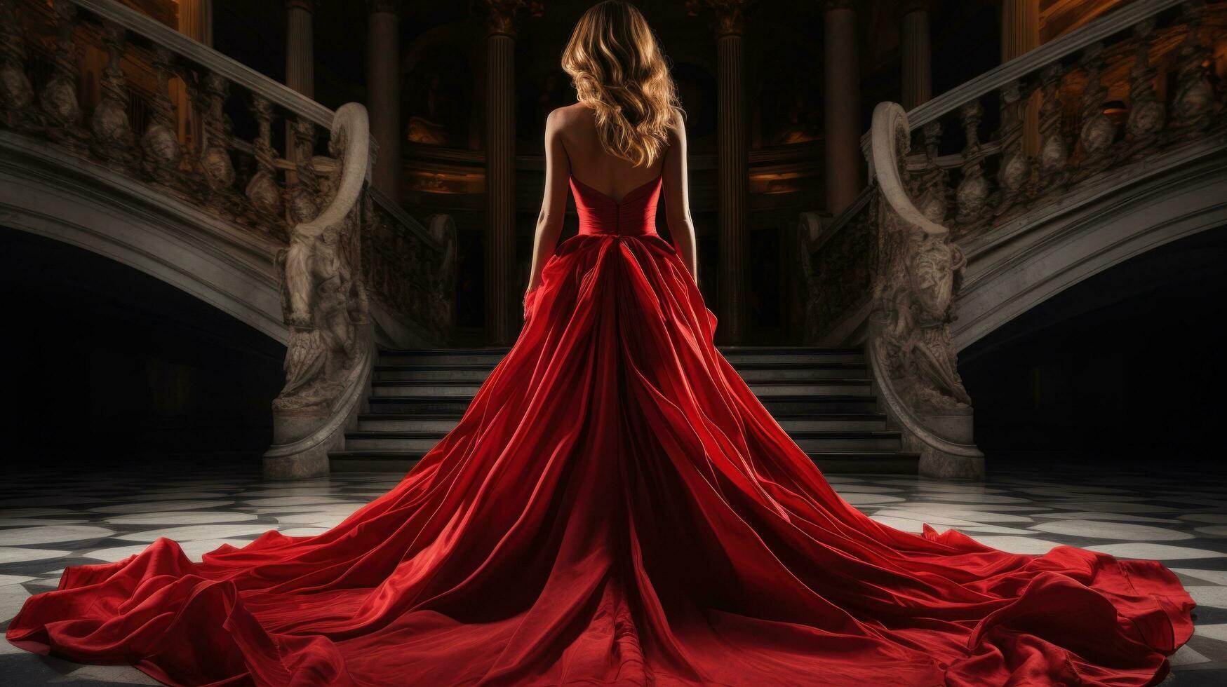 kvinna i elegant röd klänning med tåg foto