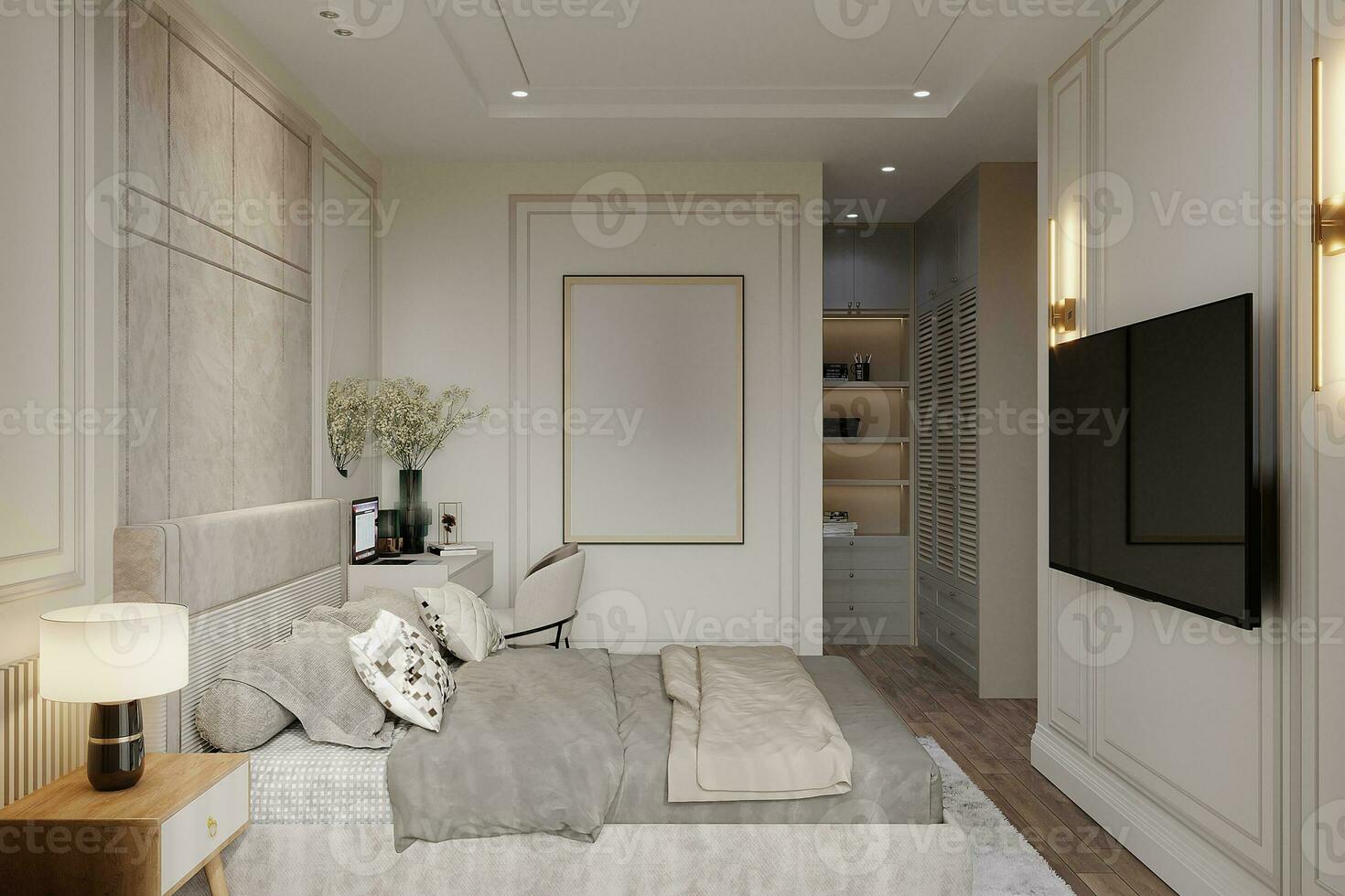 härlig och graciös sovrum interiör för smart och mysigt livsstil 3d tolkning foto
