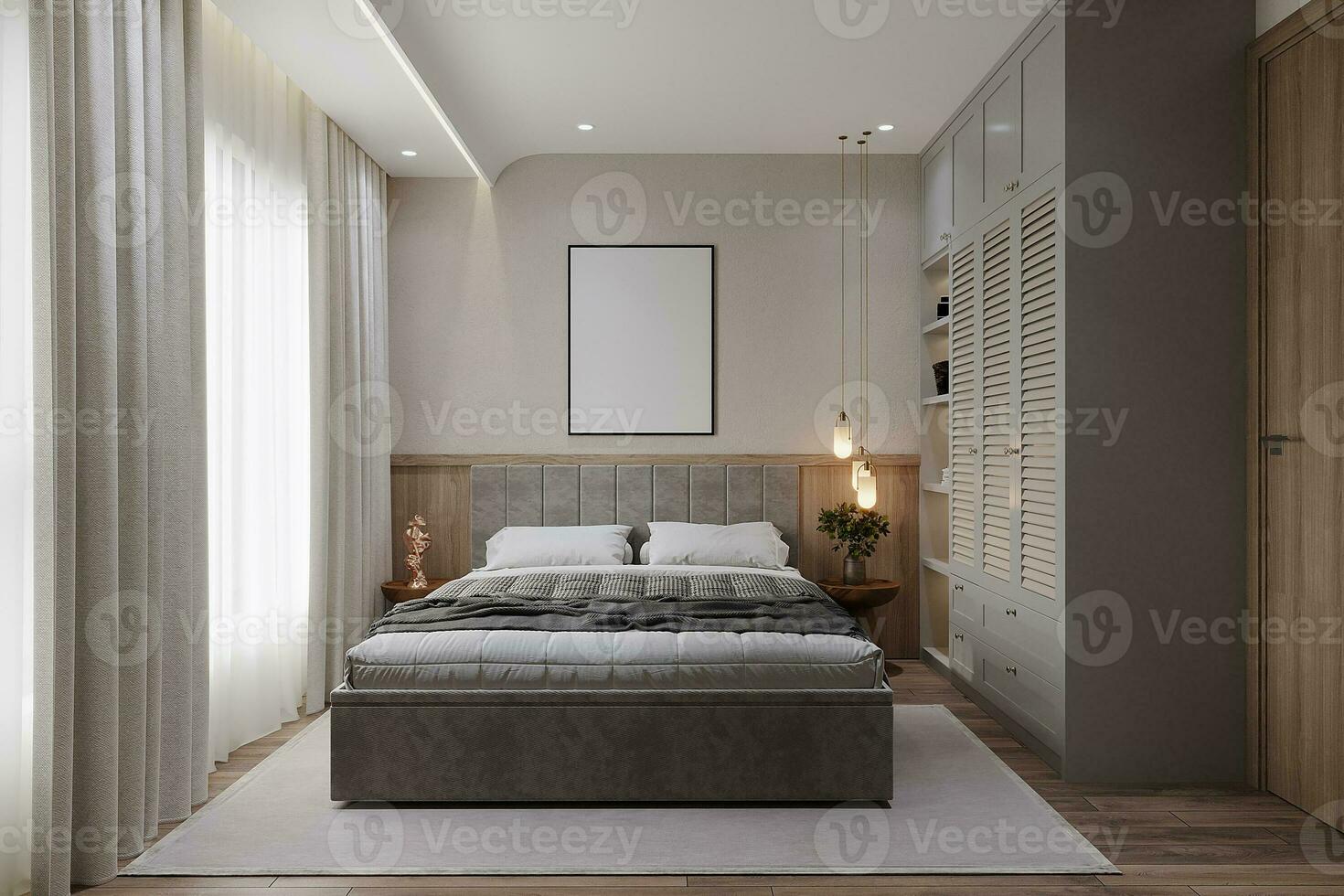 härlig sovrum interiör design och pop- Färg Begagnade, 3d tolkning foto