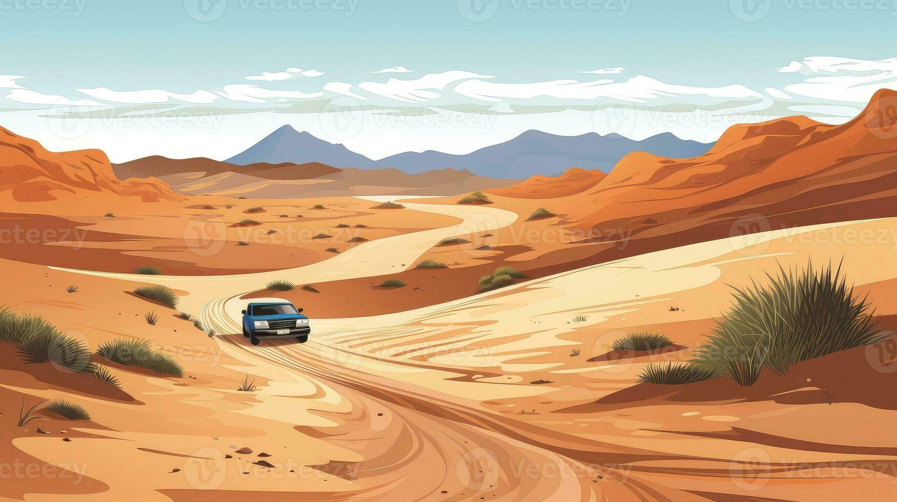öken- landskap med sand väg, en lång hetero smuts väg försvinner in i de avlägsen, tecknad serie stil, generativ ai illustration foto