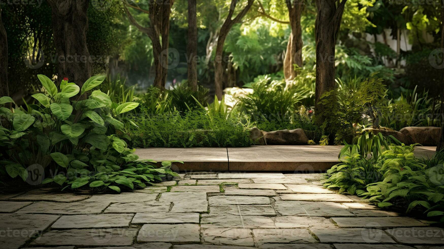 bakgård dekoration med grön växter och sten. fritid och avslappning på Hem trädgård begrepp. generativ ai foto